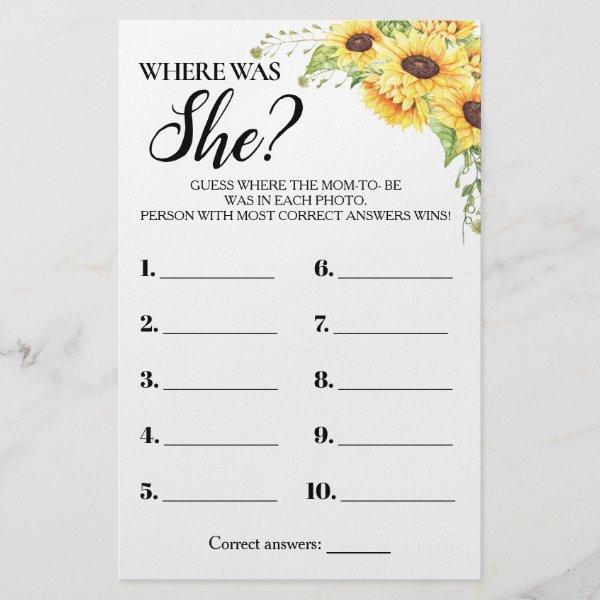Sunflowers Where Was She Baby Shower Game Card Flyer