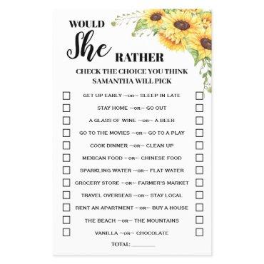 Sunflowers Would She Rather Baby Shower Game Card Flyer
