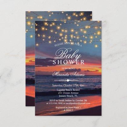 Sunset Beach String Lights Summer Baby Shower Invitation