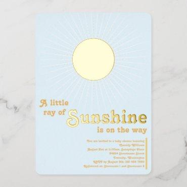 Sunshine Blue Gold Sun Baby Shower Foil Invitation