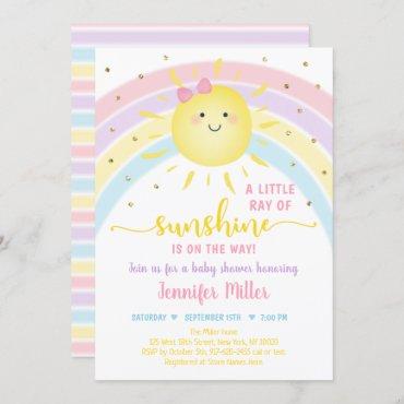 Sunshine Rainbow Pink Gold Pastel Baby Shower Invitation