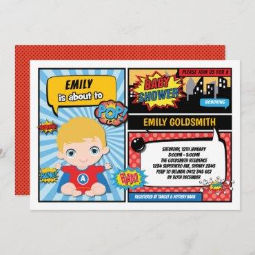 Superhero Baby Boy Shower / Comic Book Blond Hair Invitation