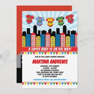 Superhero Boy Baby Shower Cityscape Comic Party Invitation