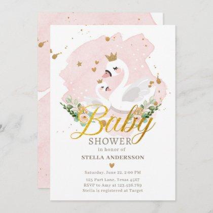 Swan Baby Shower Invite Girl Princess Pink Gold