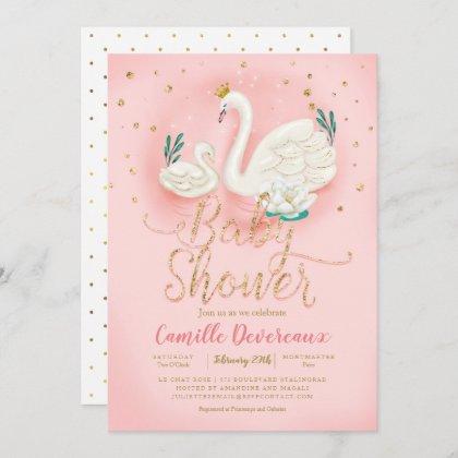 Swan Pond Gold Glitter Pink Baby Shower Invitation