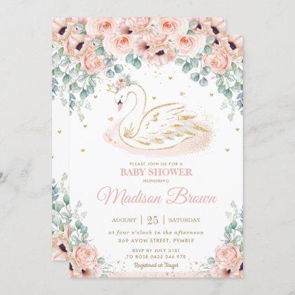 Swan Princess Blush Pink Floral Gold Baby Shower Invitation