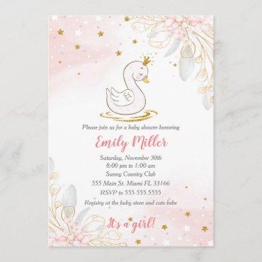 Swan princess gold pink baby shower invitation