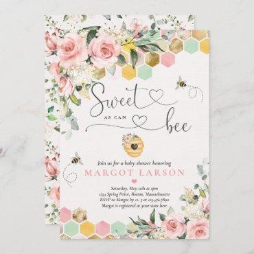 Sweet As Can Bee Greenery Pink & Gold Baby Shower Invitation