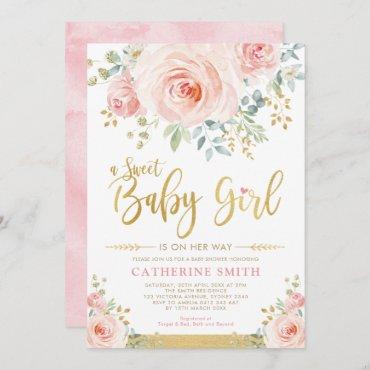 Sweet Baby Girl Blush Pink Gold Floral Baby Shower Invitation