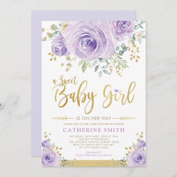Sweet Baby Girl Purple Gold Floral Greenery Shower