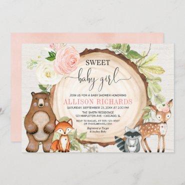 Sweet baby girl woodland cute animals baby shower invitation