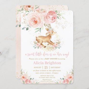 Sweet Blush Floral Baby Deer Fawn Girl Baby Shower Invitation