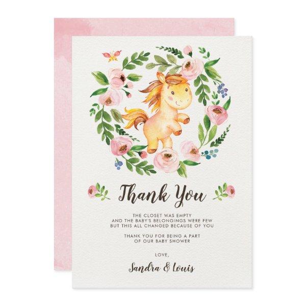 Sweet Blush Pink Floral Baby Horse Thank You Card