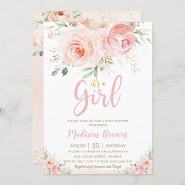 Sweet Blush Pink Floral Gold Girl Baby Shower Invitation