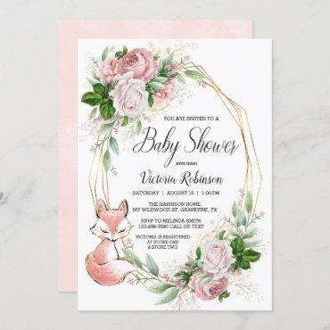 Sweet Fox Pink Watercolor Greenery Baby Shower Invitation