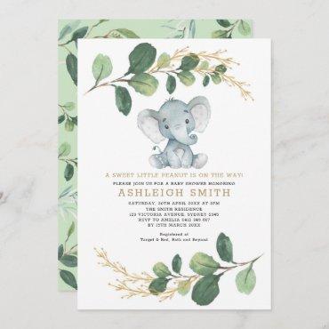 Sweet Little Peanut Greenery Elephant Baby Shower Invitation