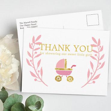 Sweet Pink Gold Carriage Baby Shower Thank You Postcard