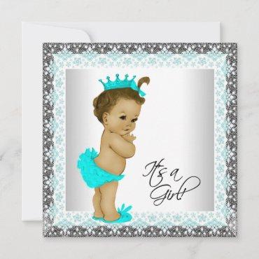 Sweet Teal Blue African American Baby Girl Shower Invitation