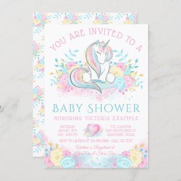 Sweet Watercolor Unicorn Baby Shower Invitation