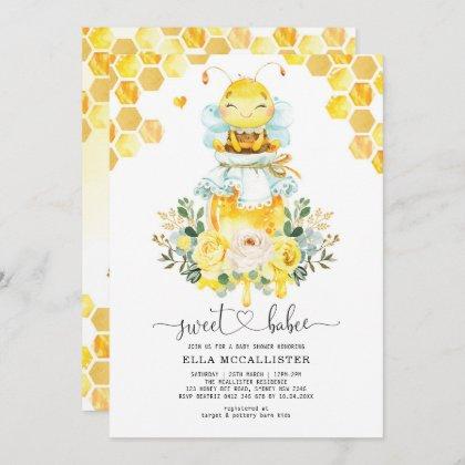 Sweet Yellow Gold Honey Bee Floral Baby Shower Invitation