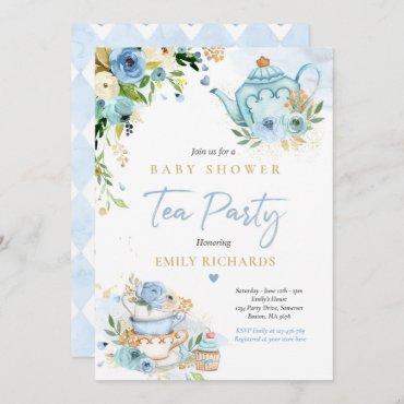 Tea Party Baby Shower Boy Blue Rose Baby Brewing Invitation