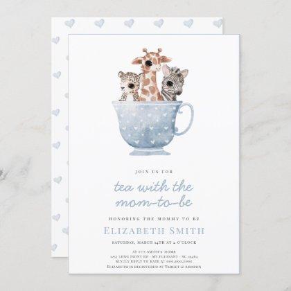 Tea Time Party Baby Animals Blue Boy Baby Shower Invitation
