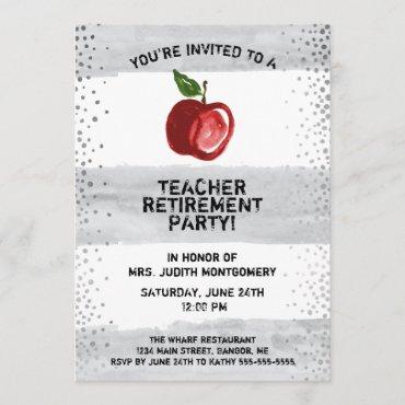 Teacher Retirement Apple Watercolor Gray Stripes