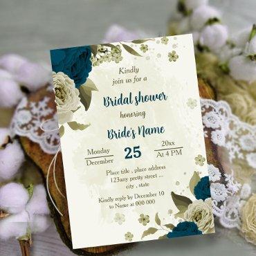 teal blue beige flowers botanical bridal shower