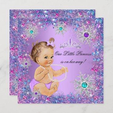 Teal Blue Purple Pink Princess Baby Shower Brown Invitation