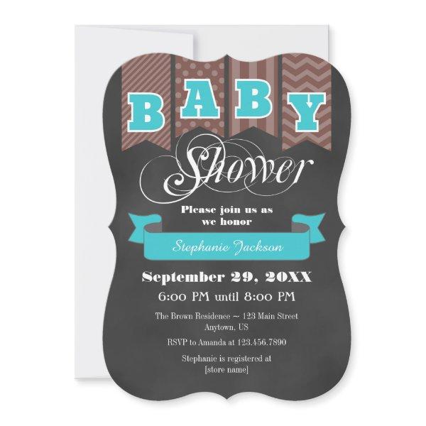 Teal Brown Chalkboard Flag Baby Shower Invite