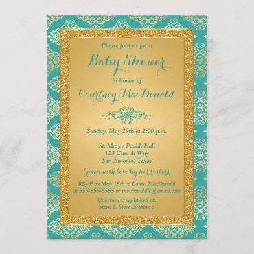 Teal, Gold FAUX Glitter Baby Shower Invite