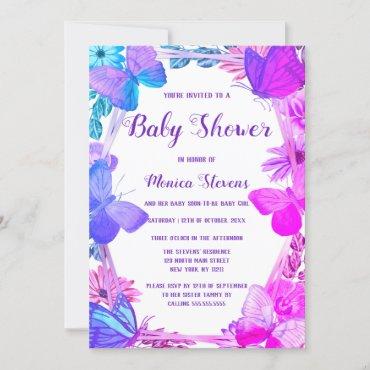 Teal Pink Purple Floral Butterfly Baby Shower  Invitation