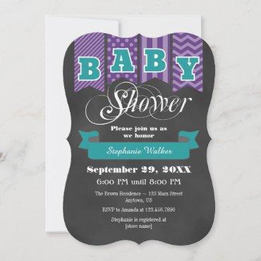 Teal Purple Chalkboard Flag Baby Shower Invite