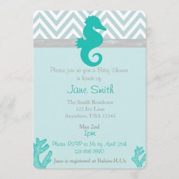 Teal Seahorse Beach Themed Baby Shower Invitation