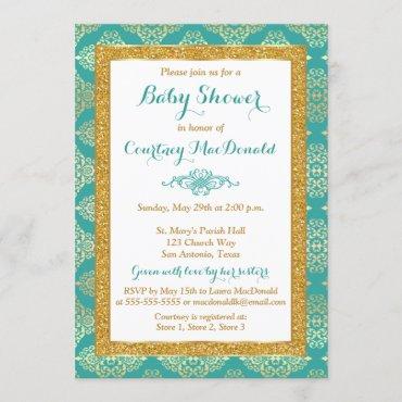 Teal, White, Gold FAUX Glitter Baby Shower Invite