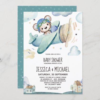 Teddy Bear Airplane Baby Shower Invitation