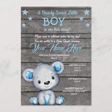 Teddy Bear Baby Shower Invitation, rustic blue boy Invitation