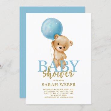 Teddy bear balloon baby shower boy invitation