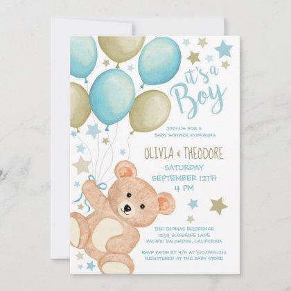 Teddy Bear Balloons Blue Gold Boy Baby Shower Invitation
