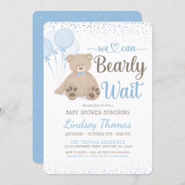 Teddy Bear Bearly Wait Confetti Boy Baby Shower Invitation