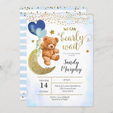 Teddy Bear Blue Balloon Baby Shower Invitation