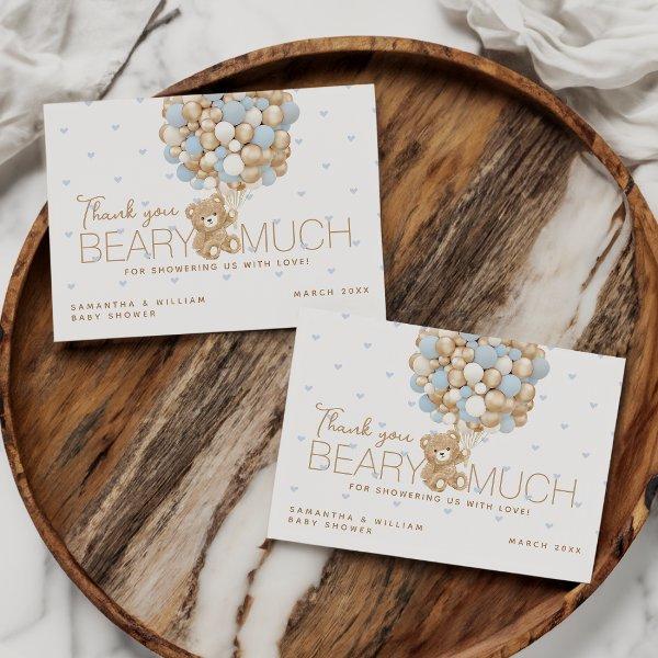 Teddy Bear Blue Heart & Balloon Baby Boy Shower  Thank You Card