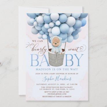 Teddy Bear Blue Hot Air Balloon Baby Shower Invitation
