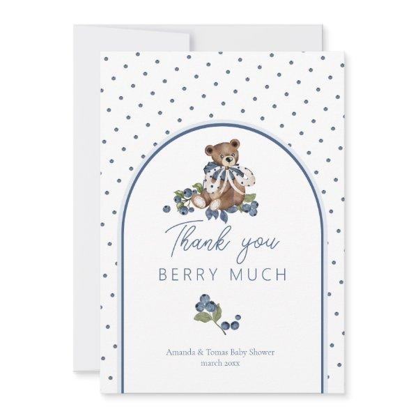 Teddy Bear Dusty Blue Berry Sweet Baby Shower Thank You Card