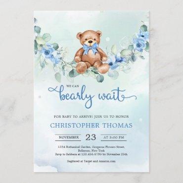 Teddy Bear Eucalyptus Wreath Boy Baby Shower Invitation