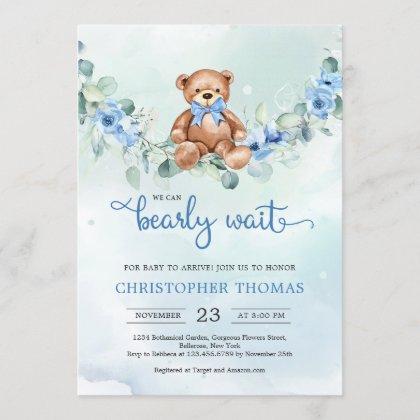 Teddy Bear Eucalyptus Wreath Boy Baby Shower Invitation