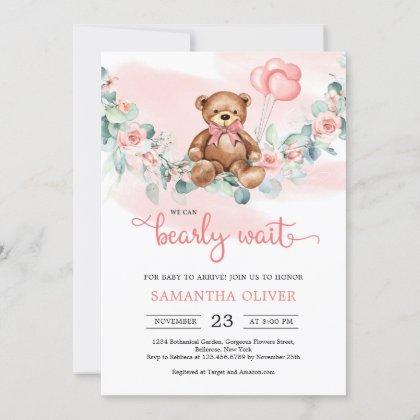 Teddy Bear Eucalyptus Wreath Girl Baby Shower Invi Invitation