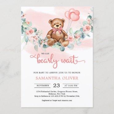 Teddy Bear Eucalyptus Wreath Girl Baby Shower Invitation