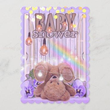 Teddy bear gold glitter lights purple baby shower invitation