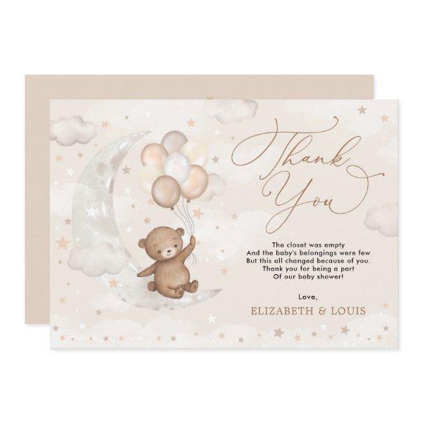 Teddy Bear on Cresent Moon | Balloons Clouds Stars Thank You Card